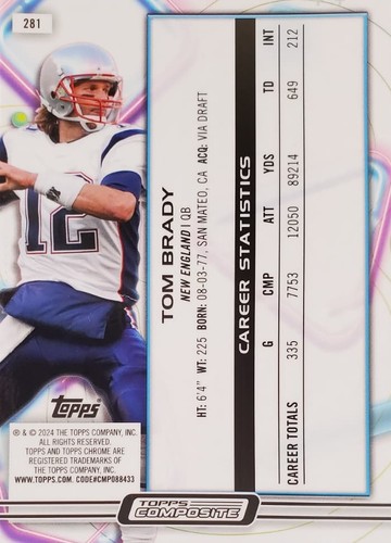 2024 Topps Chrome #281 Tom Brady Football Card - New England Patriots GOAT Hall of Fame NFL Trading Card